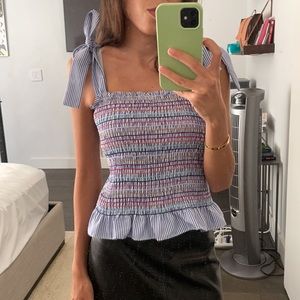 Self tie shoulder shirred blouse colorful XS